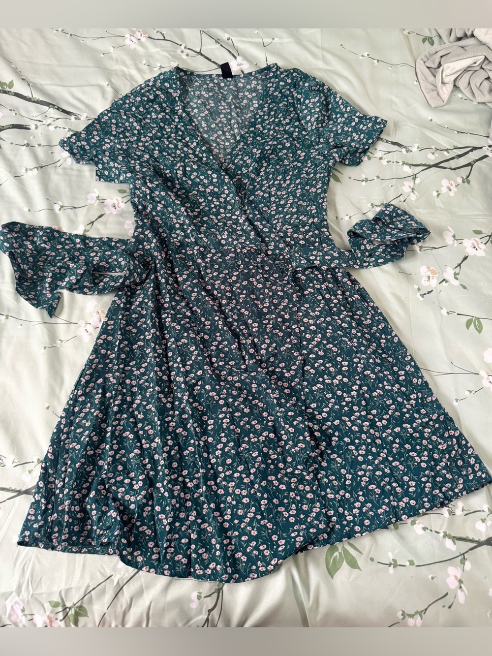 Floral Wrap Dress - Teal Green with Pink Flowers/Never used, no tag.
